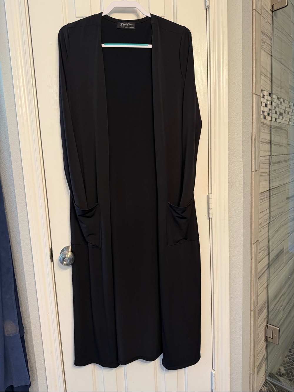 Long Open-Front Black Duster Cardigan with Pockets - Picture 2 of 5